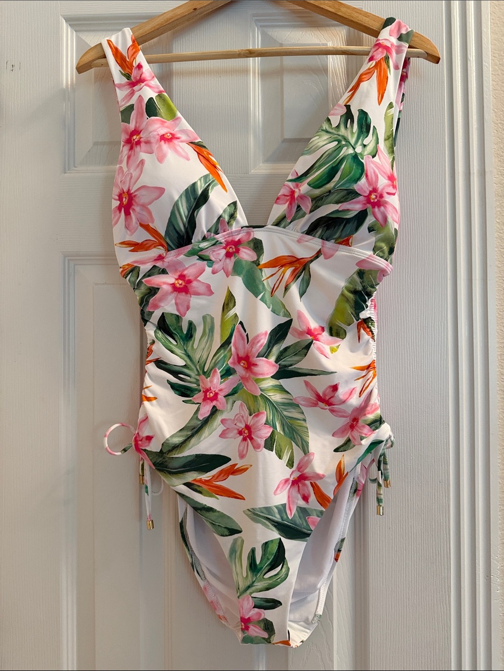 Lauren Ralph Lauren White One-Piece Swimsuit with Pink & Green Tropical Print